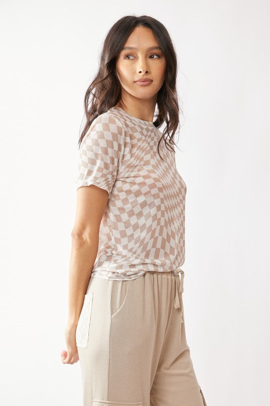 DAVI & DANI Women's Top IVORY / S Checker Board Printed Mesh Short Sleeve Top DT30007S