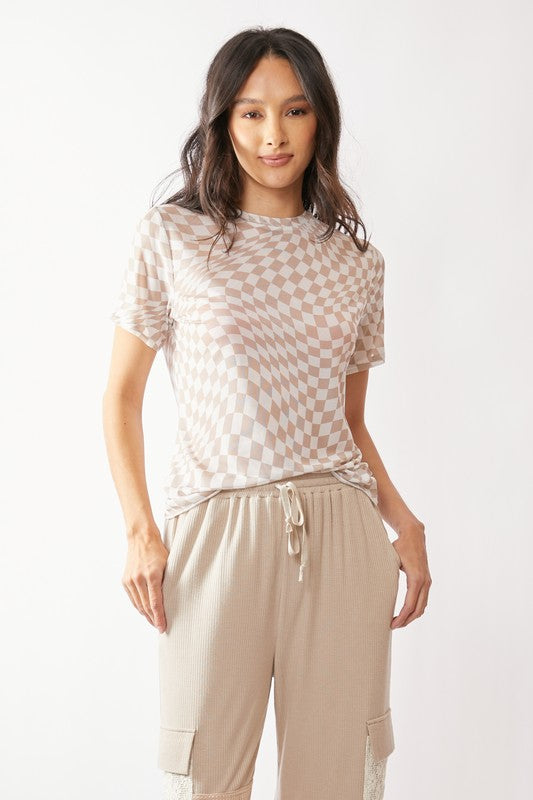 DAVI & DANI Women's Top IVORY / S Checker Board Printed Mesh Short Sleeve Top DT30007S
