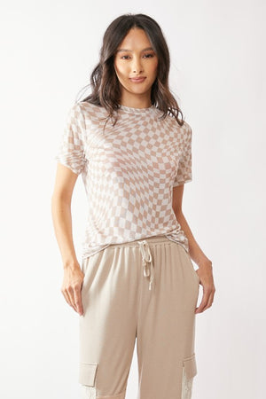 DAVI & DANI Women's Top IVORY / S Checker Board Printed Mesh Short Sleeve Top DT30007S