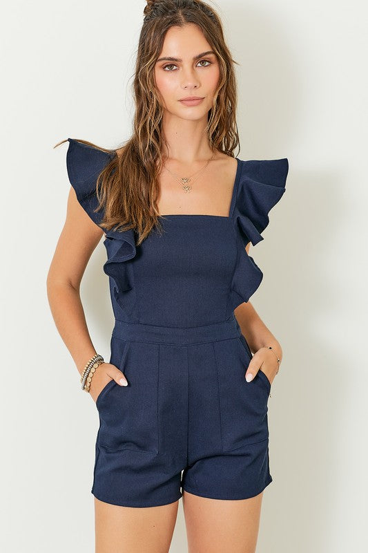 DAY + MOON Women's Romper NAVY / S Stretch Denim Romper With Ruffle Details || David's Clothing DM1086