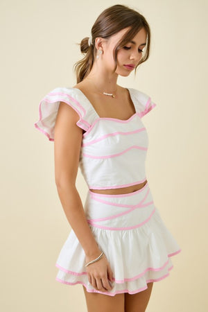 DAY + MOON Women's Top Crop Top W/ Ruffle Sleeves & Contrast Bindings