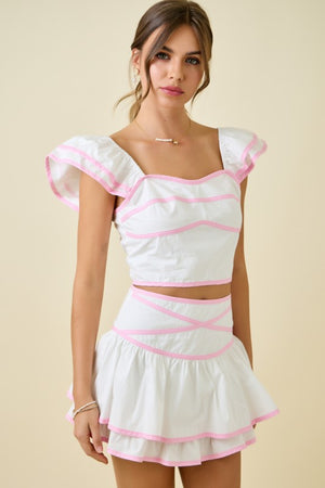 DAY + MOON Women's Top Crop Top W/ Ruffle Sleeves & Contrast Bindings