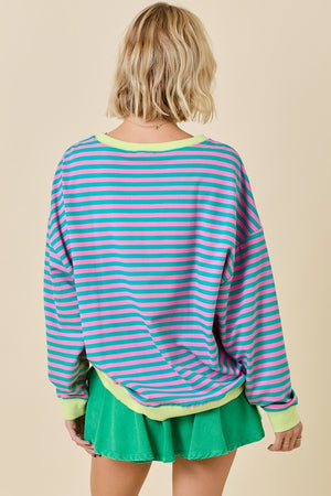 DAY + MOON Women's Top Oversized Stripe Knit Top With Contrasting Rib || David's Clothing