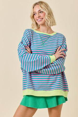 DAY + MOON Women's Top Oversized Stripe Knit Top With Contrasting Rib || David's Clothing