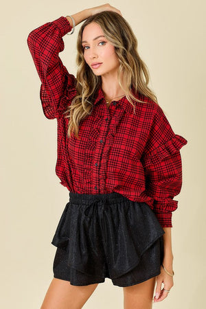 DAY + MOON Women's Top Plaid Shirt With Ruffles & Smocked Sleeve Cuffs || David's Clothing