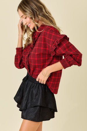 DAY + MOON Women's Top Plaid Shirt With Ruffles & Smocked Sleeve Cuffs || David's Clothing