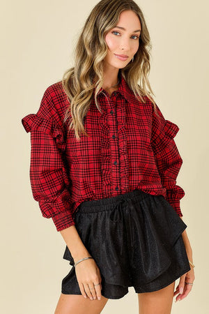 DAY + MOON Women's Top Plaid Shirt With Ruffles & Smocked Sleeve Cuffs || David's Clothing