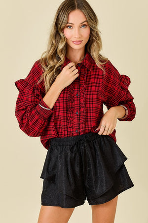 DAY + MOON Women's Top Plaid Shirt With Ruffles & Smocked Sleeve Cuffs || David's Clothing