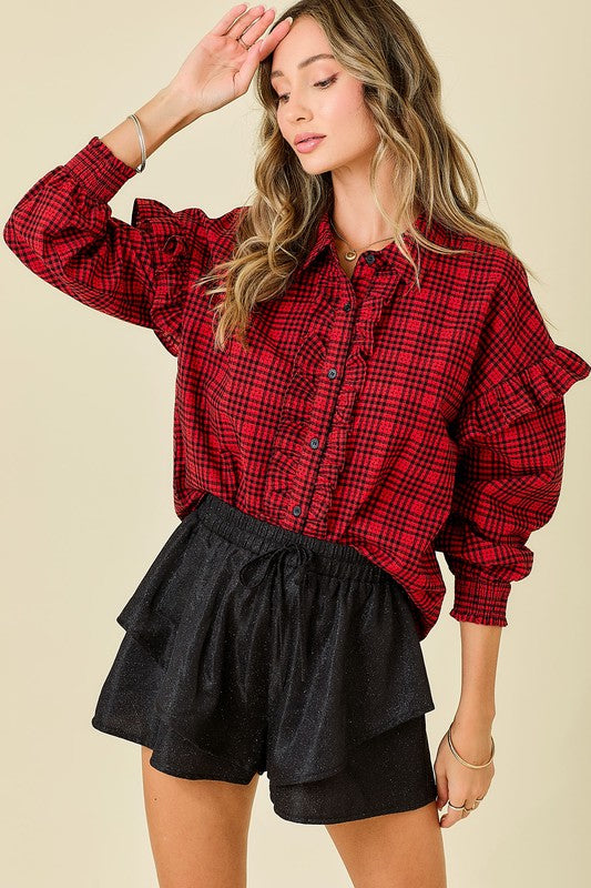 DAY + MOON Women's Top Plaid Shirt With Ruffles & Smocked Sleeve Cuffs || David's Clothing