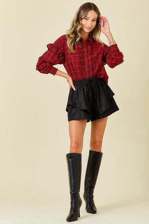 DAY + MOON Women's Top Plaid Shirt With Ruffles & Smocked Sleeve Cuffs || David's Clothing