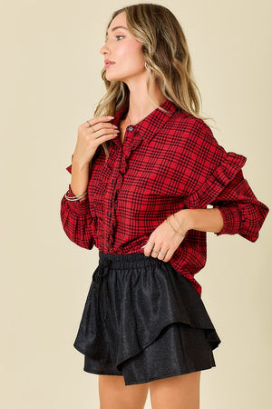 DAY + MOON Women's Top Plaid Shirt With Ruffles & Smocked Sleeve Cuffs || David's Clothing