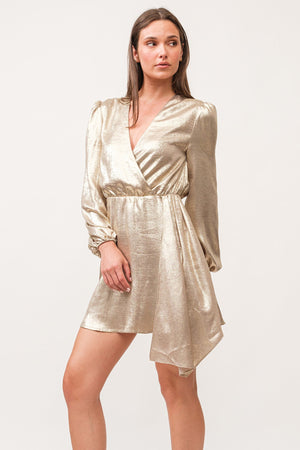 DEAR JOHN DENIM Women's Dresses Dear John Chiara V-Neck Long Sleeve Classic Fit Dress Gold Metallic || David's Clothing