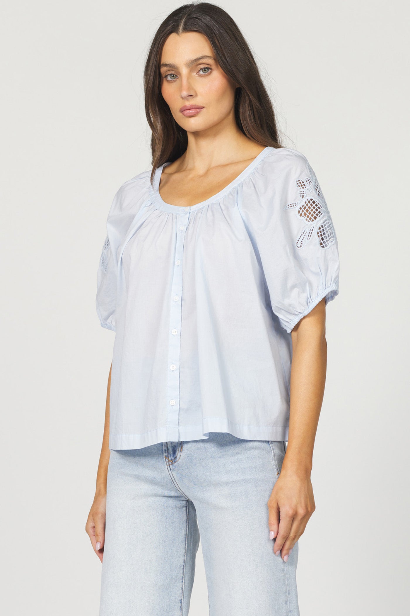 DEAR JOHN DENIM Women's Top SKY BLUE / XS Dear John Emiline Puff Sleeve Button-Up Laser Cut Embroidery || David's Clothing DSH1459M9SKW