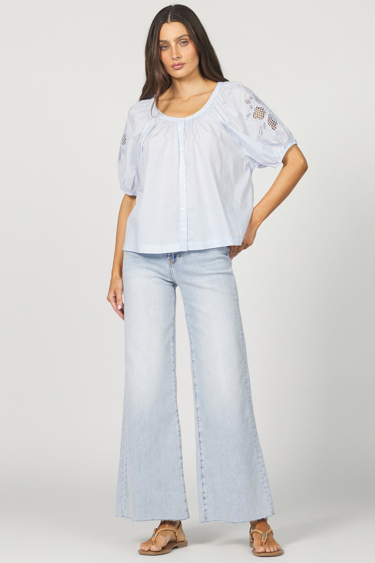 DEAR JOHN DENIM Women's Top Dear John Emiline Puff Sleeve Button-Up Laser Cut Embroidery || David's Clothing