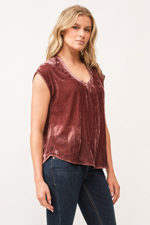 DEAR JOHN DENIM Women's Top Dear John Yanis V-Neck Sleeveless Velvet Top Marron || David's Clothing