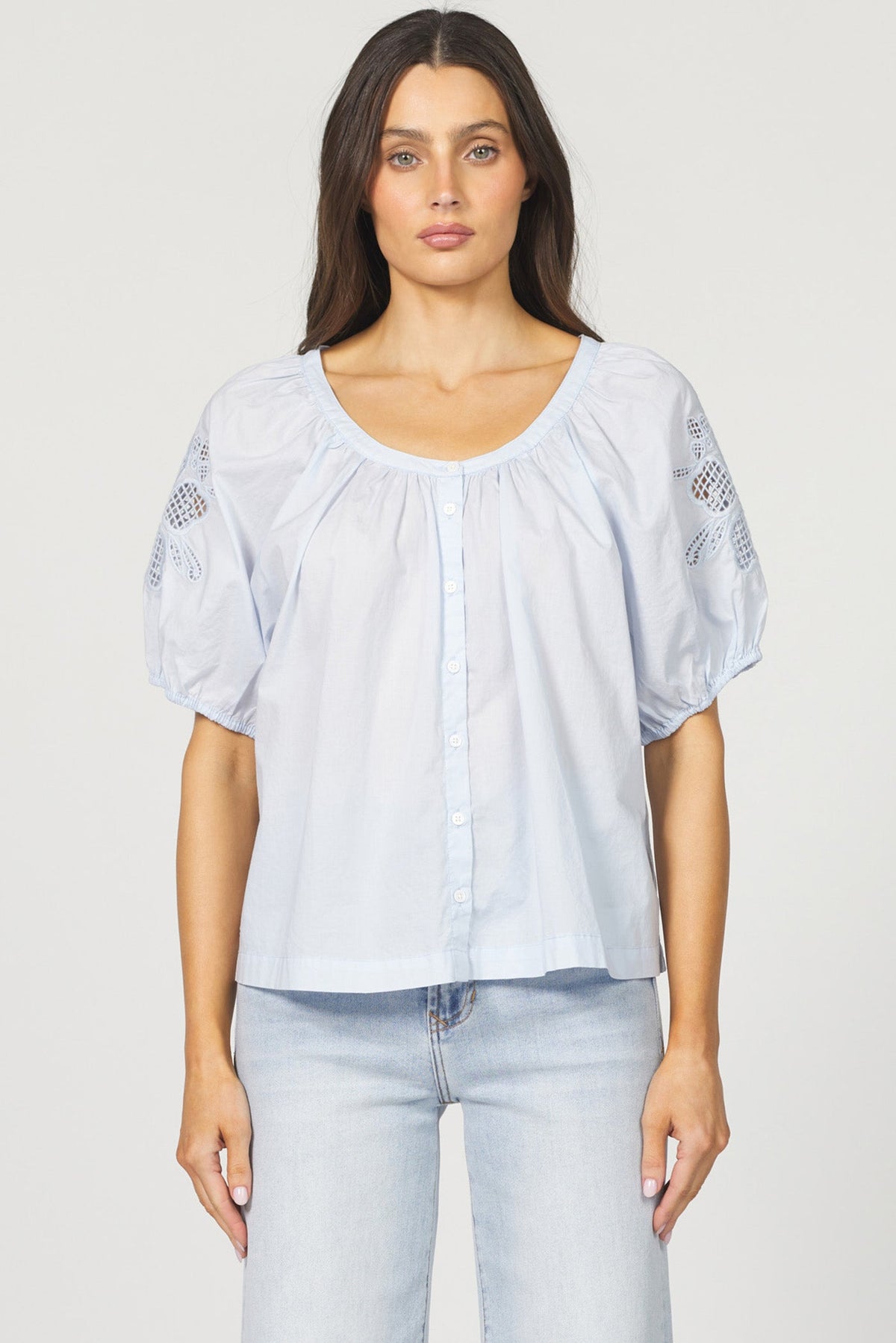 DEAR JOHN DENIM Women's Top SKY BLUE / XS Dear John Emiline Puff Sleeve Button-Up Laser Cut Embroidery || David's Clothing DSH1459M9SKW