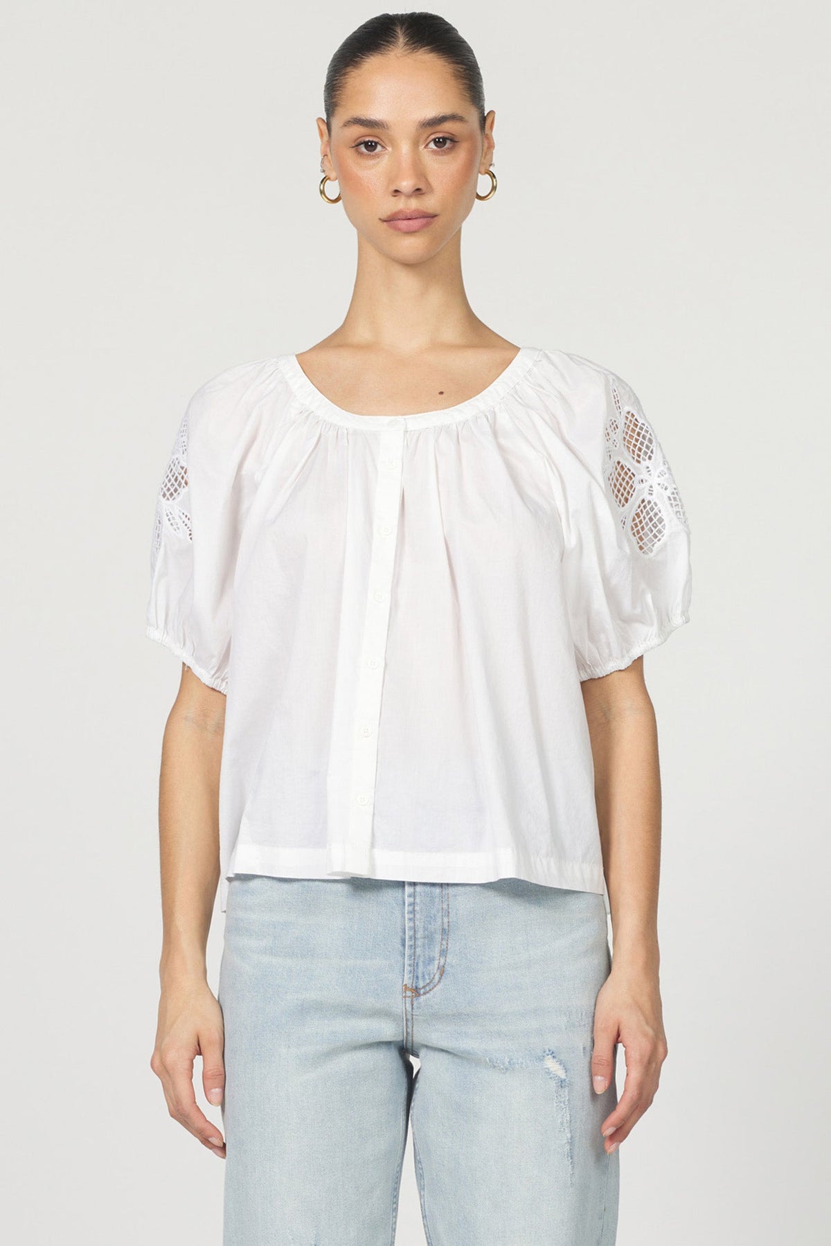 DEAR JOHN DENIM Women's Top WHITE / XS Dear John Emiline Puff Sleeve Button-Up Laser Cut Embroidery || David's Clothing DSH1459M9SKW