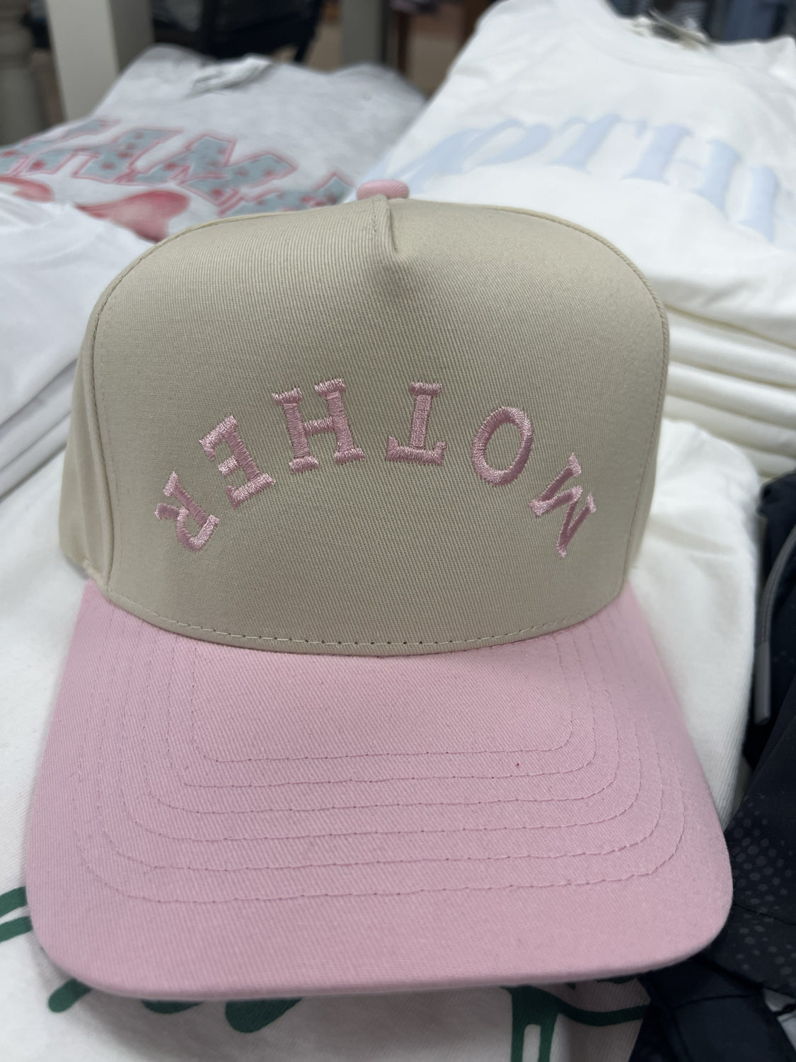 DISTRESSED VINTAGE DESIGNS Women's Hat LIGHT PINK/CREAM / - Distressed Vintage Mother Vintage Embroidered Hat || David's Clothing MOTHEREMB
