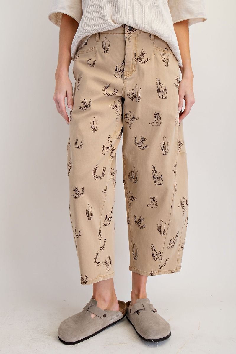 EASEL Women's Pants Western Printed Washed Twill Barrel Pants || David's Clothing