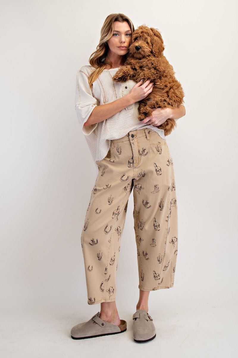 EASEL Women's Pants Western Printed Washed Twill Barrel Pants || David's Clothing