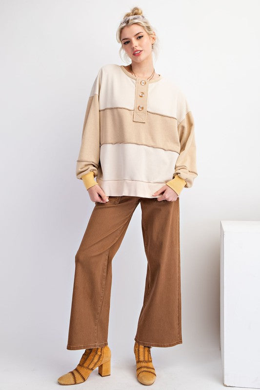 EASEL Women's Sweaters KHAKI / S Color Block Terry Knit Pullover || David's Clothing ET70899K