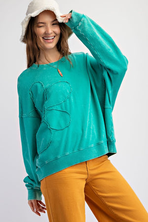 EASEL Women's Top ATLANIS GREEN / S Flower Patch Washed Terry Knit Pullover || David's Clothing ET70787AG