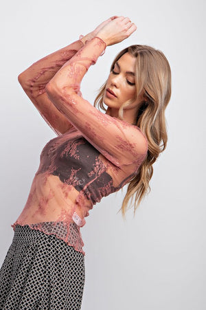 EASEL Women's Top MAUVE / S All Over Sheer Lace Top || David's Clothing ET18261