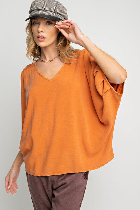 EASEL Women's Top Mineral Washed Challis V Neck Top || David's Clothing
