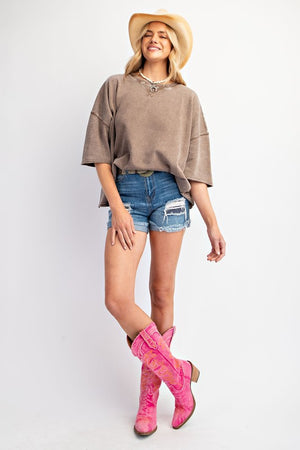 EASEL Women's Top Mineral Washed Terry Knit Boxy Top || David's Clothing