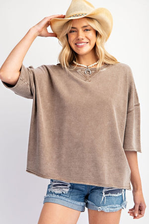 EASEL Women's Top MOCHA / S Mineral Washed Terry Knit Boxy Top || David's Clothing ET23949