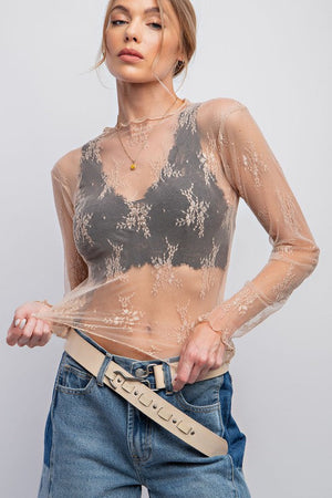 EASEL Women's Top NUDE / S All Over Sheer Lace Top || David's Clothing ET18261