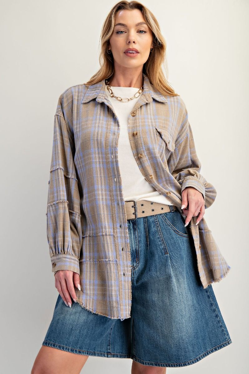 EASEL Women's Top S / SAGE Washed Plaid Shirt Tunic || David's Clothing ET28339