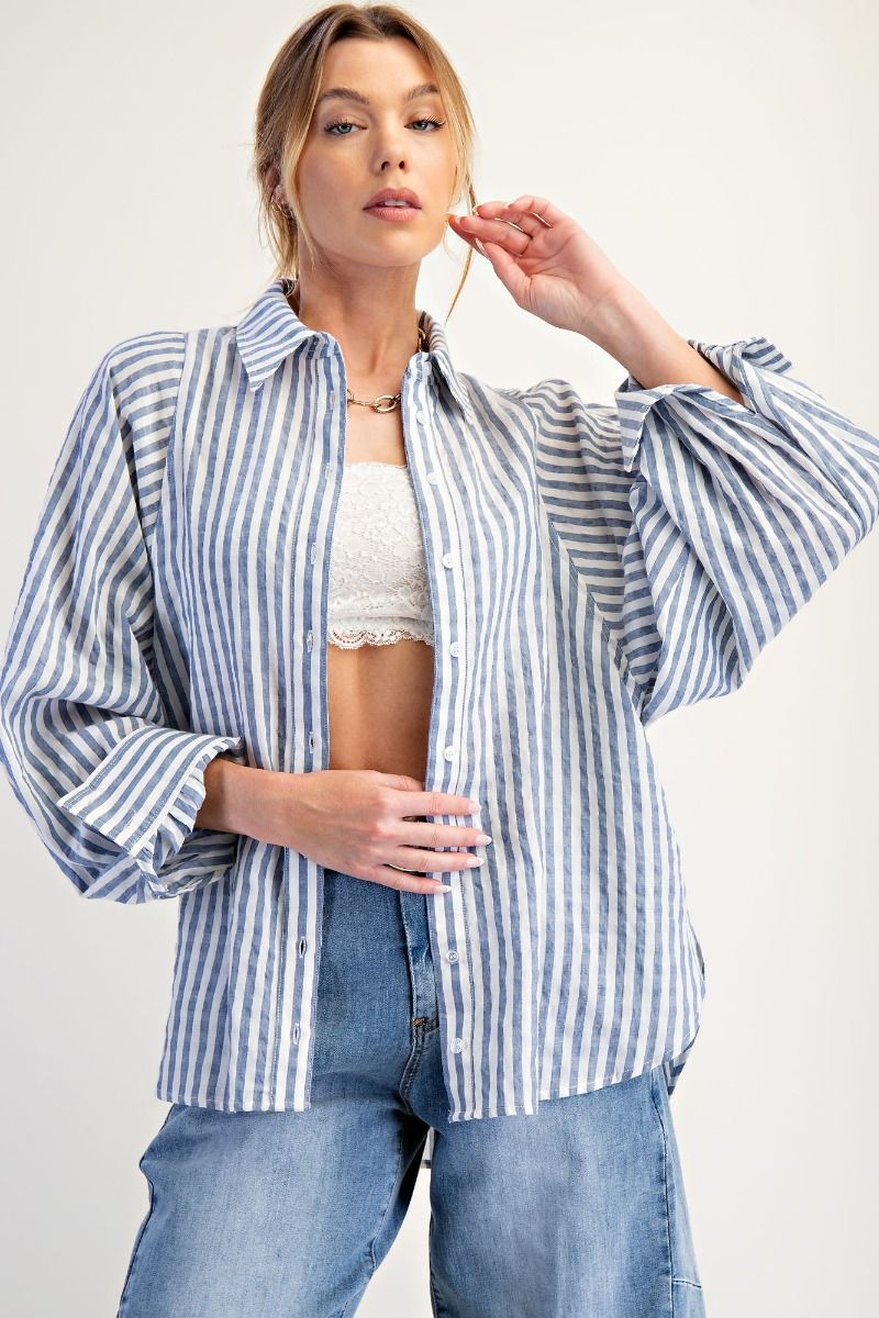 EASEL Women's Top Striped Button Down Loose Fit Shirt || David's Clothing