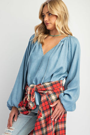 EASEL Women's Top Washed Chambray Flare Woven Tunic || David's Clothing