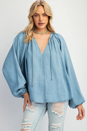 EASEL Women's Top Washed Chambray Flare Woven Tunic || David's Clothing