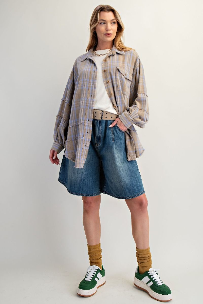 EASEL Women's Top S / SAGE Washed Plaid Shirt Tunic || David's Clothing ET28339
