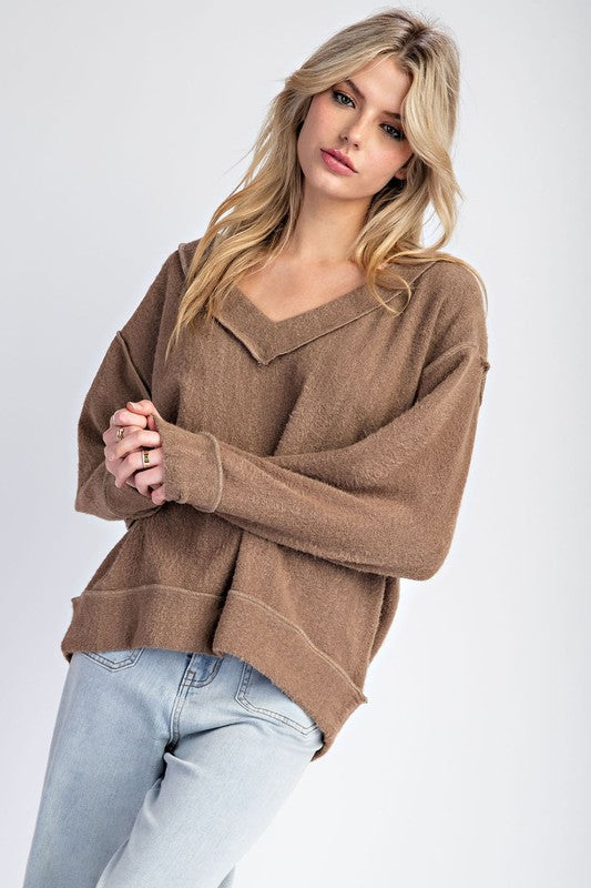 ee:some Women's Sweaters Fuzzy Loose Fit V Neck Long Sleeve Top || David's Clothing