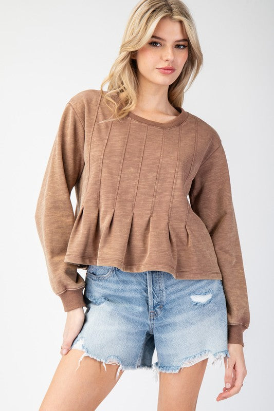 ee:some Women's Top Snow Washed Pleated Long Sleeve Top || David's Clothing