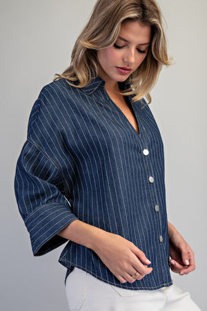 ee:some Women's Top Striped Button Down Back Pleat Blouse