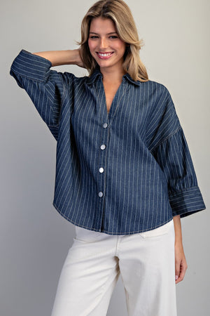ee:some Women's Top Striped Button Down Back Pleat Blouse