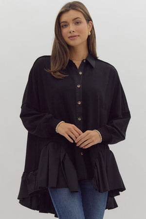 ENTRO INC Women Jackets BLACK / S Ruffled Hem Button Up Jacket || David's Clothing J23328