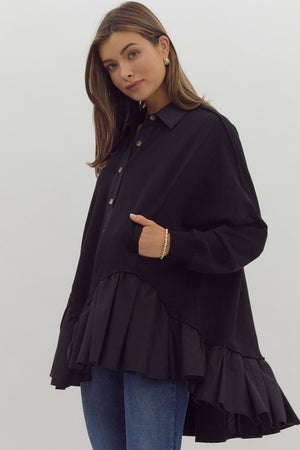 ENTRO INC Women Jackets Ruffled Hem Button Up Jacket || David's Clothing