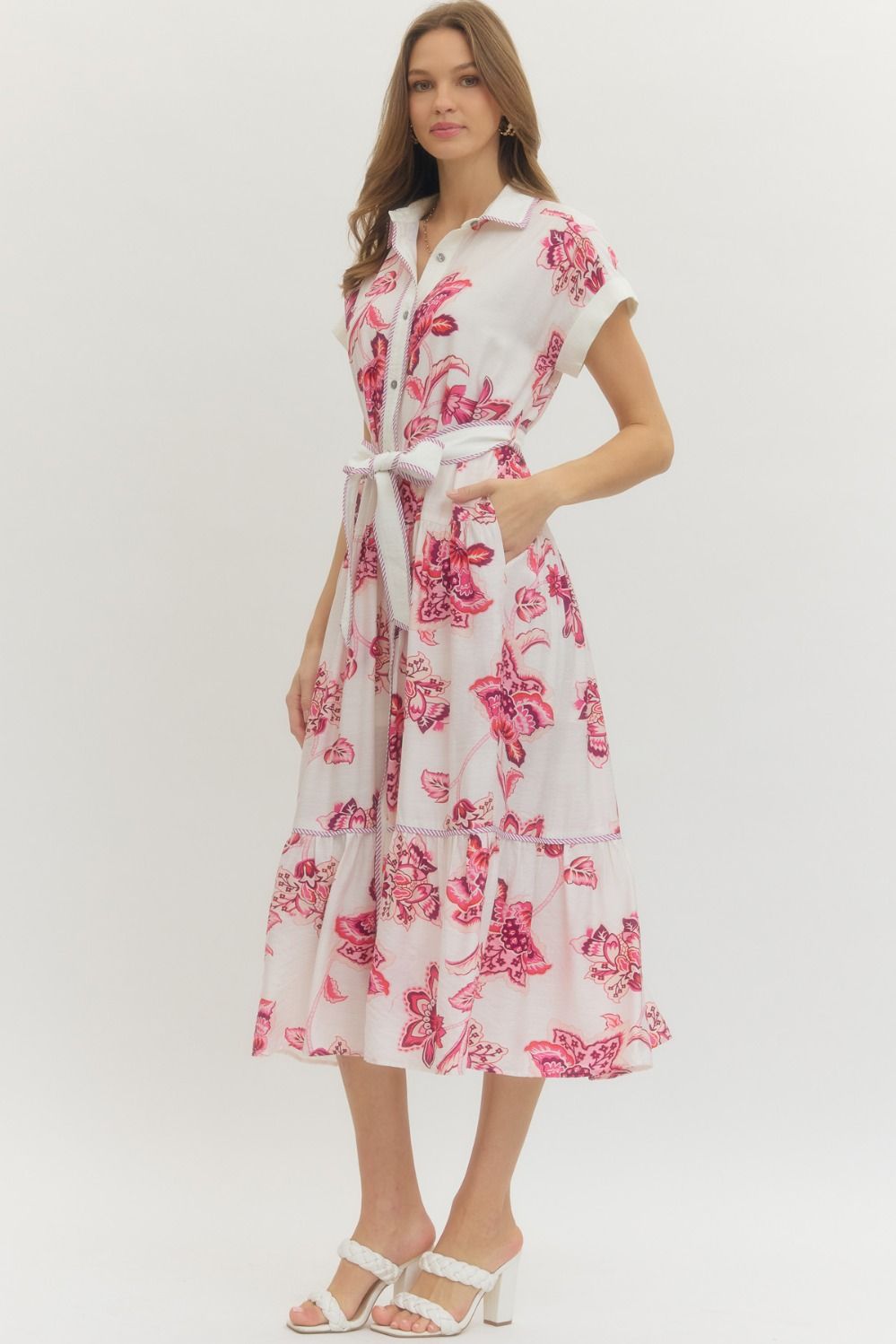 ENTRO INC Women's Dresses PINK / S 1 - take pics of blue - Floral Print Self-Tie Waist Maxi Dress D28107