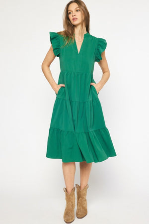 ENTRO INC Women's Dresses AMAZON / S V-Neck Short Sleeve Tiered Midi Dress || David's Clothing D18817