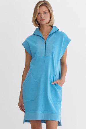 ENTRO INC Women's Dresses AQUA / S Solid Mock-Neck Sleeveless Mini Dress || David's Clothing D22130