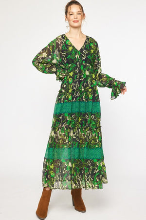 ENTRO INC Women's Dresses BLACK / S Floral Printed V-Neck Long Sleeve Maxi Dress || David's Clothing D21449