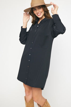 ENTRO INC Women's Dresses BLACK / S Solid Long Sleeve Collared Button Up Mini Dress || David's Clothing D21224