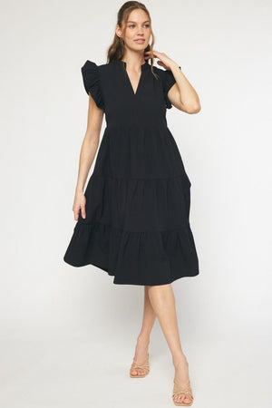 ENTRO INC Women's Dresses BLACK / S V-Neck Short Sleeve Tiered Midi Dress || David's Clothing D18817