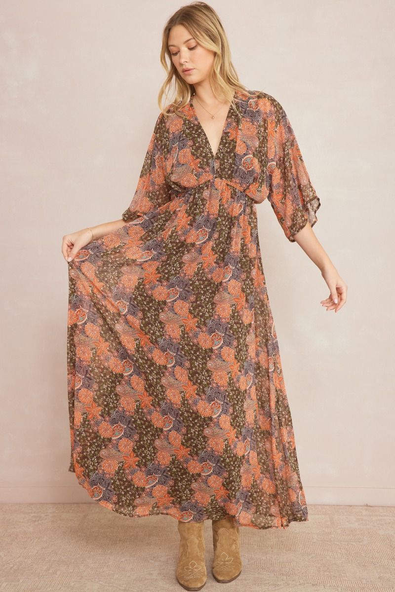 ENTRO INC Women's Dresses BROWN / S Floral Print Deep V-neck 1/2 Sleeve Maxi Dress || David's Clothing D21166
