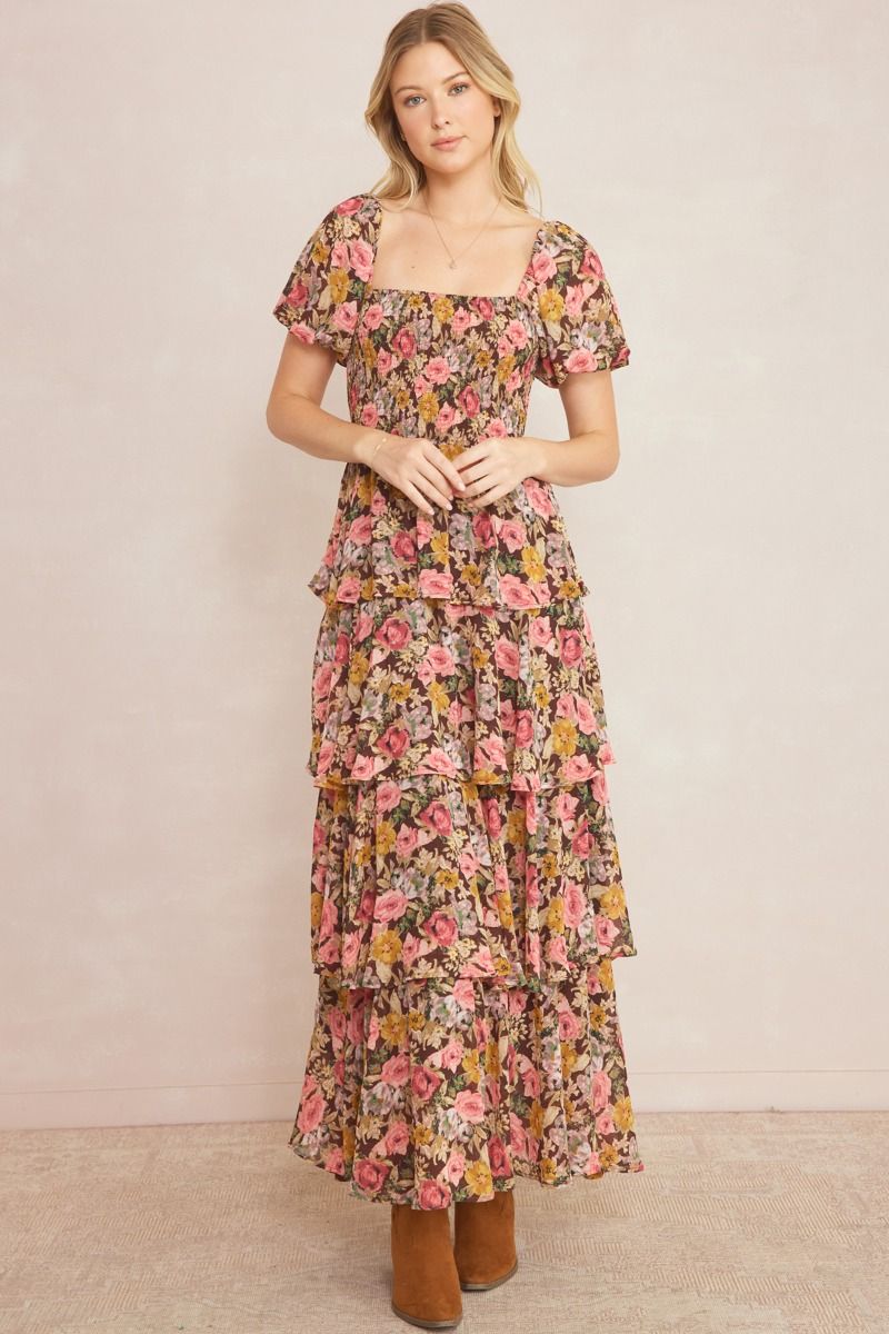 ENTRO INC Women's Dresses BROWN / S Floral Print Square Neck Puff Sleeve Tiered Maxi Dress || David's Clothing D20926